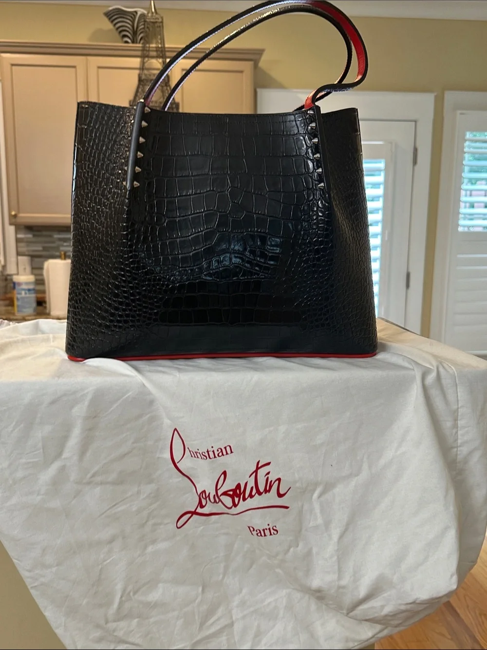 Christian Louboutin Cabarock Black Croc-Embossed Tote Large